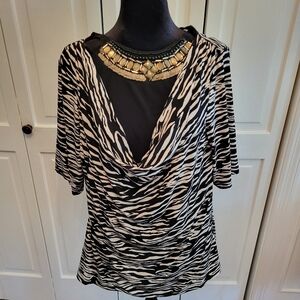 Y2k Draped Neck Zebra Print  Embellished Top Sz XL Glam  Animal Print